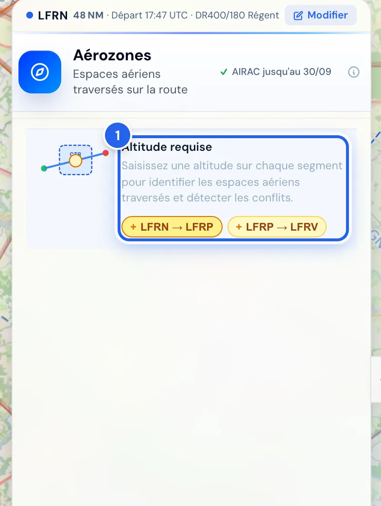 Message Altitude requise avec deux boutons de branche