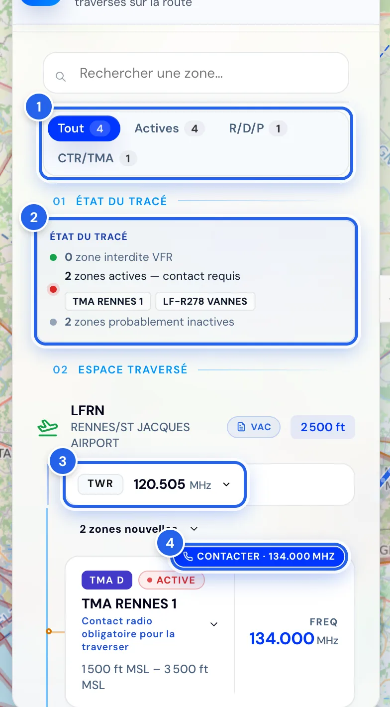 Panneau Aérozones : filtres, état du tracé, fréquence de départ et zone TMA Rennes 1 à contacter