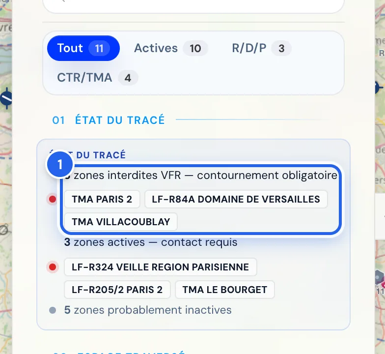État du tracé avec trois zones interdites VFR : TMA Paris 2, LF-R84A, TMA Villacoublay