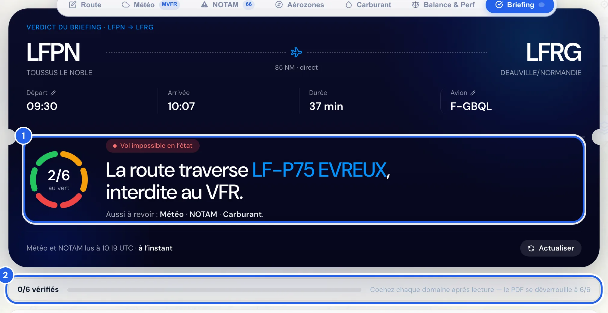 Billet du vol LFPN → LFRG : verdict Vol impossible en l'état, la route traverse LF-P75 EVREUX, anneau 2 sur 6 au vert, 0 sur 6 vérifiés