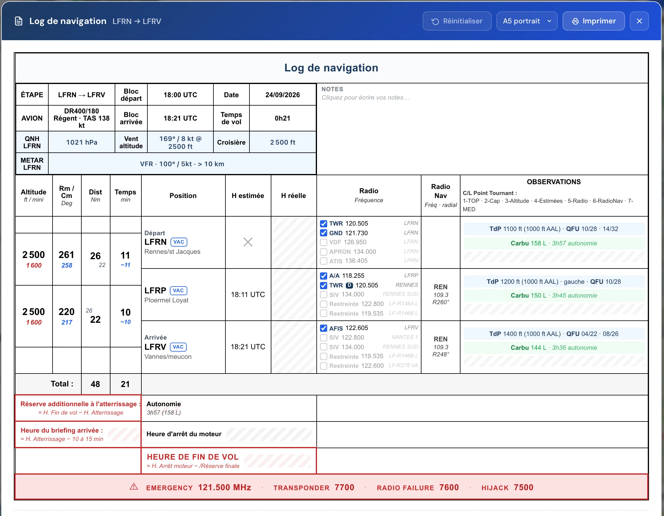 Log de navigation LFRN vers LFRV : en-tête, branches, fréquences, observations et codes d'urgence
