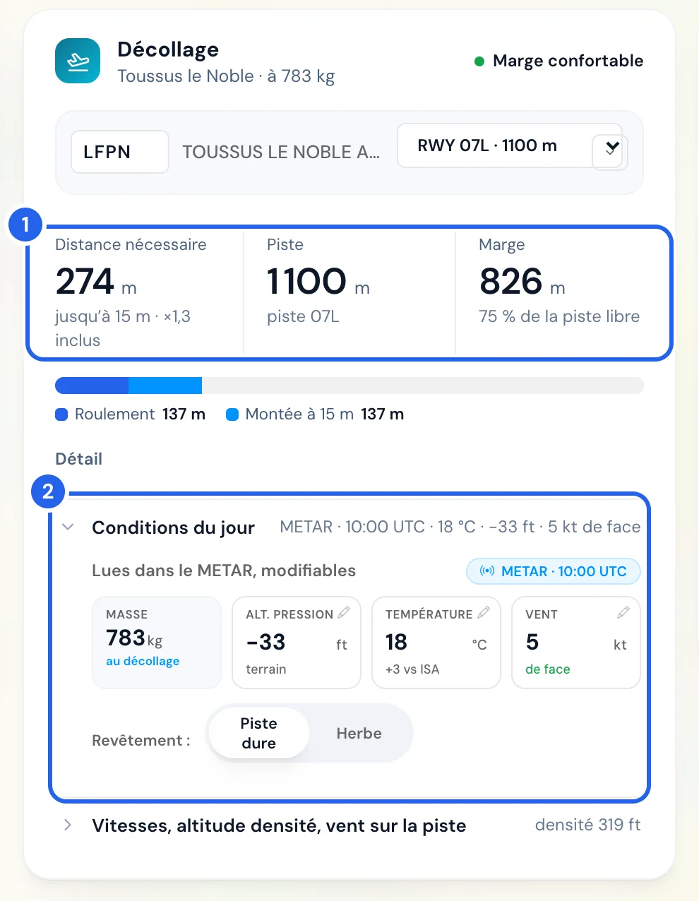Section Décollage : 274 m nécessaires sur une piste de 1 100 m, conditions du jour dépliées