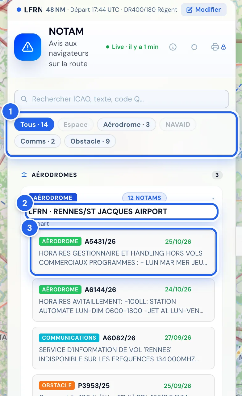 Panneau NOTAM : filtres par catégorie, groupe de l'aérodrome LFRN et premier NOTAM
