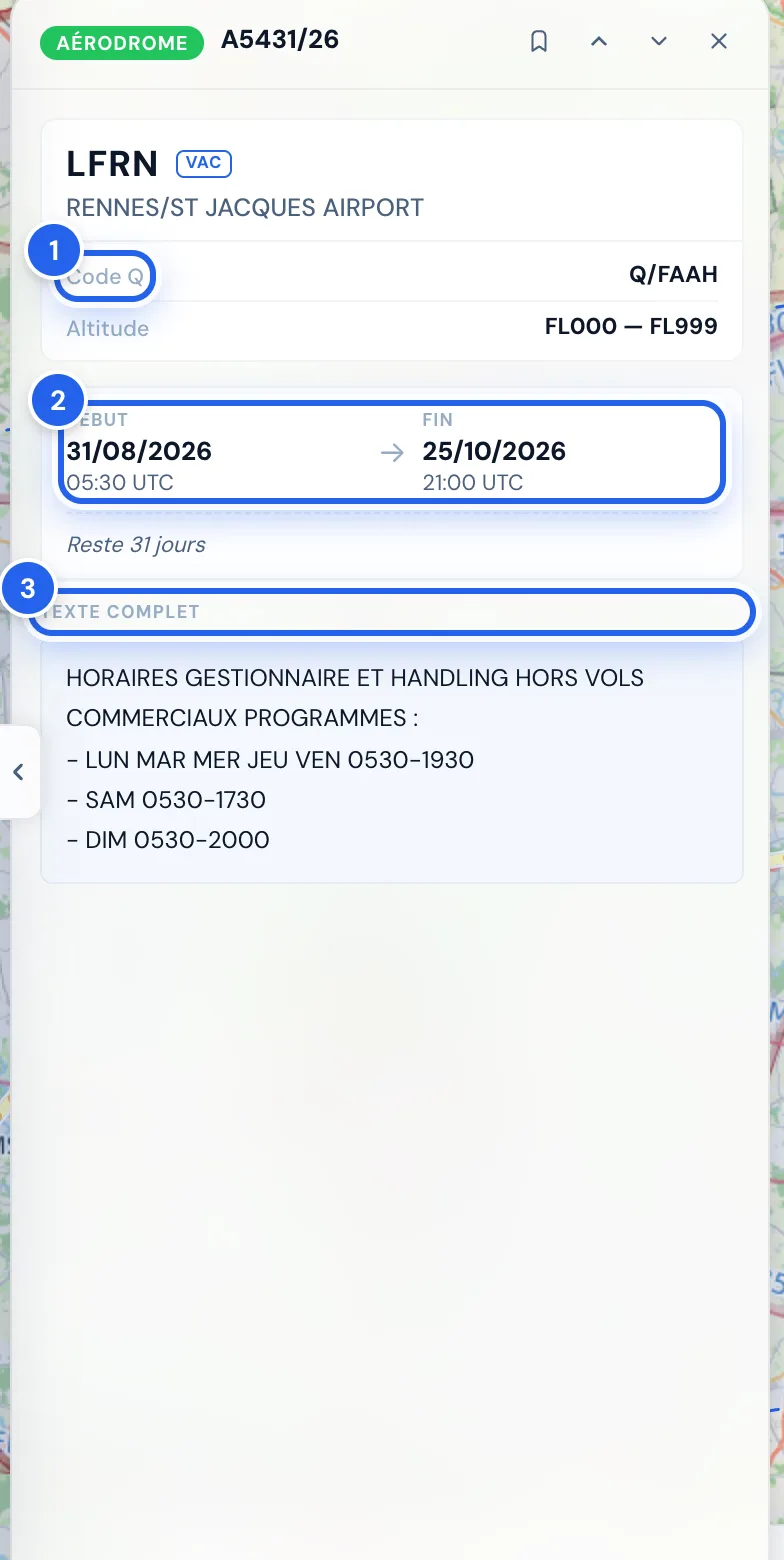 Détail du NOTAM A5431/26 : code Q, altitudes, validité et texte complet