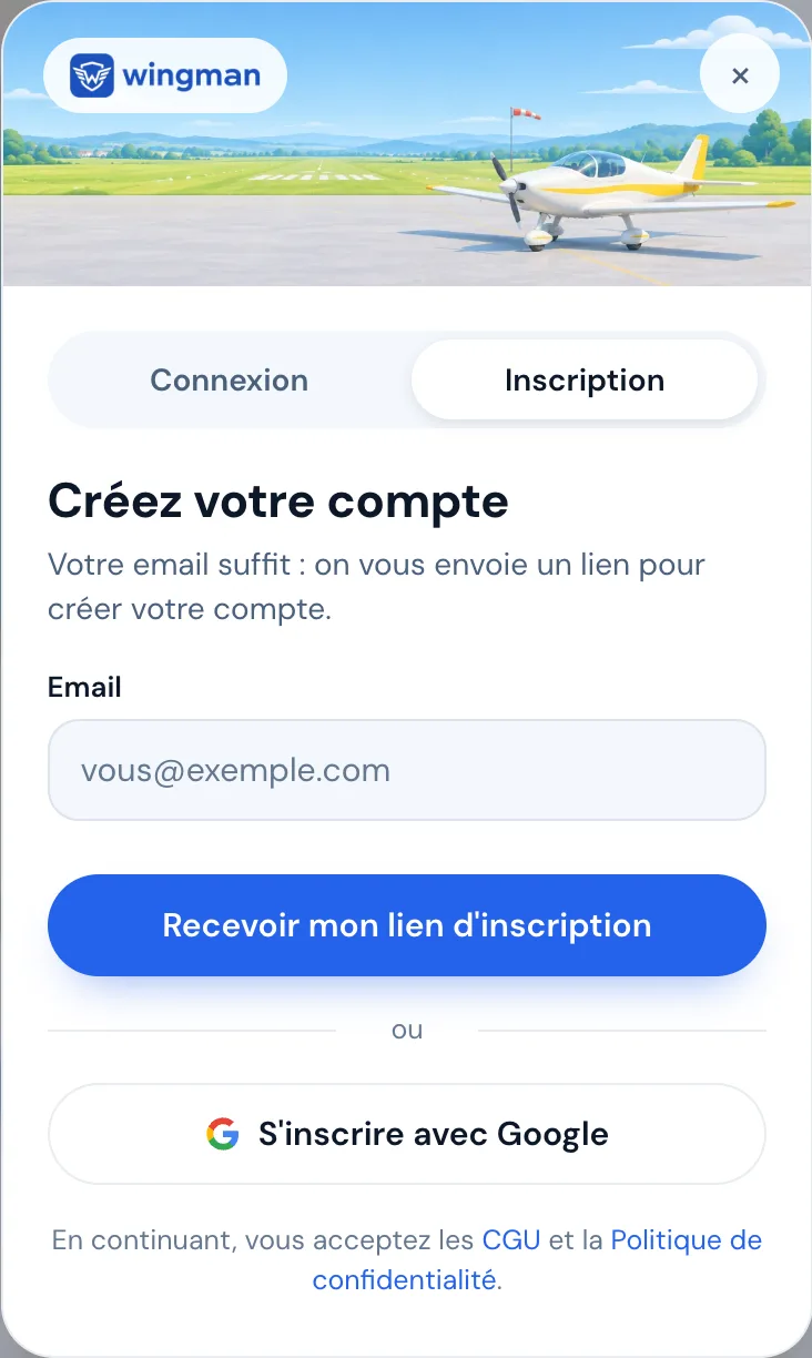 Fenêtre Créez votre compte : e-mail et bouton Recevoir mon lien d'inscription