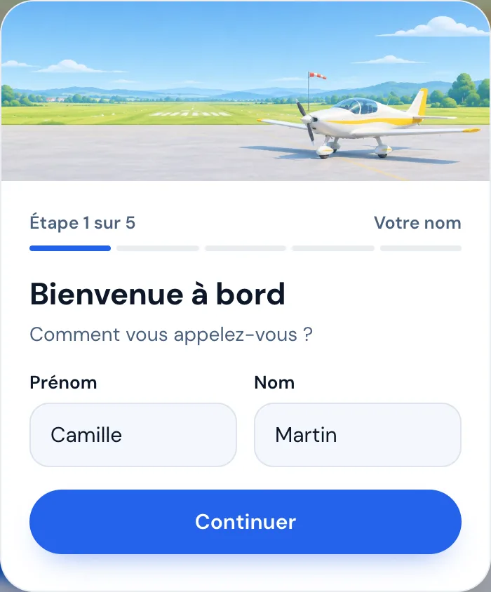 Écran Bienvenue à bord : prénom et nom