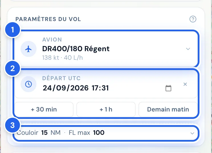 Carte Paramètres du vol : avion, départ UTC, couloir et FL max